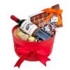 cesta com vinhos e chocolates